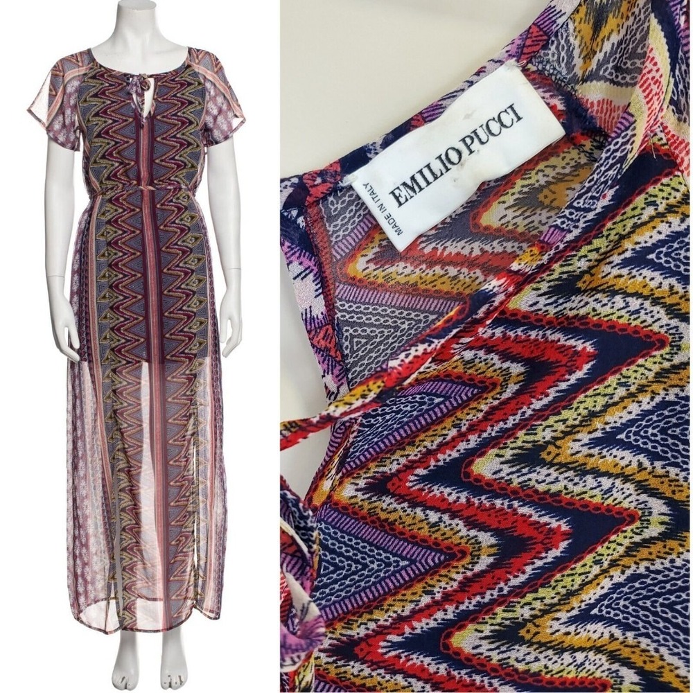 Rare Emilio Pucci Maxi Dress Womens XS Chevron Semi Sheer‎ Front Slits Ethereal